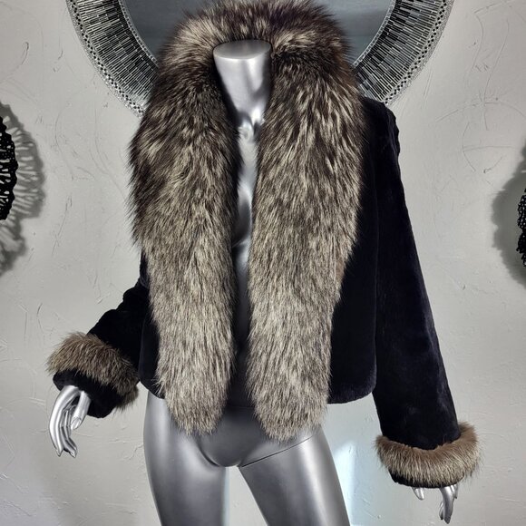 VINCENTS~M/L~VINTAGE BROWN GENUINE FOX FUR REAL SHEARED BLACK MINK FUR COAT - Picture 1 of 16